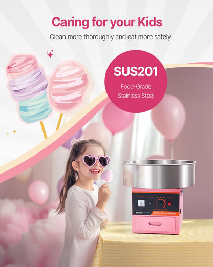 VEVOR Electric Cotton Candy Machine, 1000W Commercial Floss Maker w/Stainless Steel Bowl, Sugar Scoop and Drawer, Perfect for Home, Carnival, Kids Birthday, Family Party, Pink