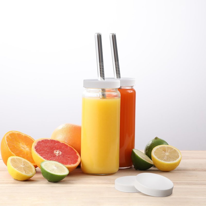 12 PACK Glass Juice Bottles with 12 Airtight Lids & 2 Straw Hole Lids & 2 Straws - 16OZ Travel Juicing Jars, Drinking Water Cups - Reusable Tall Mason Jar for Juice, Bubble Tea, Smoothie, Kombucha