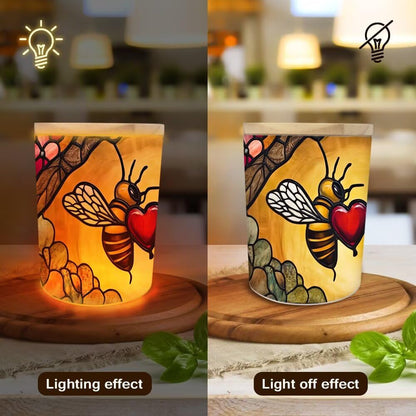 Stained Glass Farmhouse Bees Tea Light Candle Holders, Hearts Tealight Candle Holder Jar with Wooden Lid, Floral Votive Candlesticks for Table Centerpieces, Christmas,Birthday Party