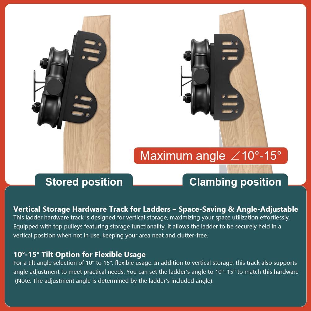 104RDHOUSE 12FT Sliding Library Ladder Hardware Kit, Black Retractable Rolling with Braking Casters, Adjustable to Stand Upright, MAX Load 300lbs，No Ladder