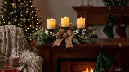 Svndlyn Candle Holders Centerpiece for Dining Table, 3 Wick Holder with Artificial Gypsophila,Magnolia,Holly Berries - Elegant Floral Arrangement for Seasonal Home Decor Table Centerpiece
