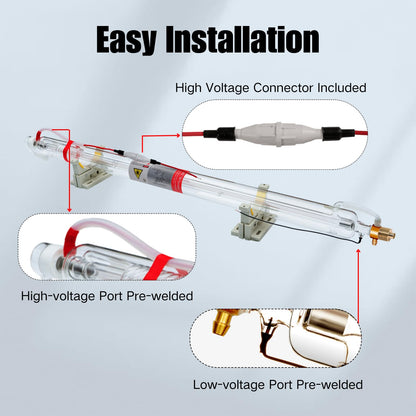 MCWlaser 60W CO2 Laser Tube Glass Laser With Metal Head and Coating Cable Preconnected - Length 1000mm Dia.55mm 6000hrs MTTF