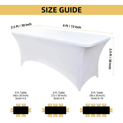 ZarzaaSik 6-Pack 6ft White Spandex Table Covers for Rectangle Standard Folding Tables - Wrinkle Resistant Stretch Tablecloths - Ultimate Fitted Table Protector for Parties, Trade Shows, Wedding
