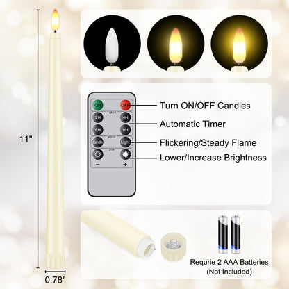Warmhere 32 Pcs Flameless Taper Candles with Remote Timer, 11 inches Flickering Taper Candles Battery Operated, Ivory Plastic Long LED Candlesticks for Wedding Christmas Home Party Decor