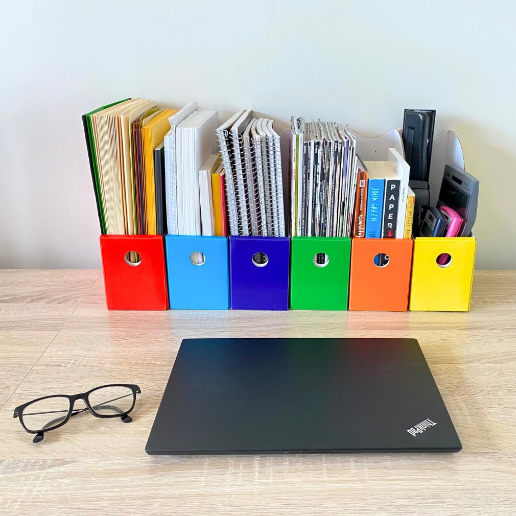 Evelots Magazine File Holder -Set of 6 Multi Color- Office Desk Organizer - Sturdy Cardboard - New Upgraded Double Front Panel -4" Wide-Easy Assemble