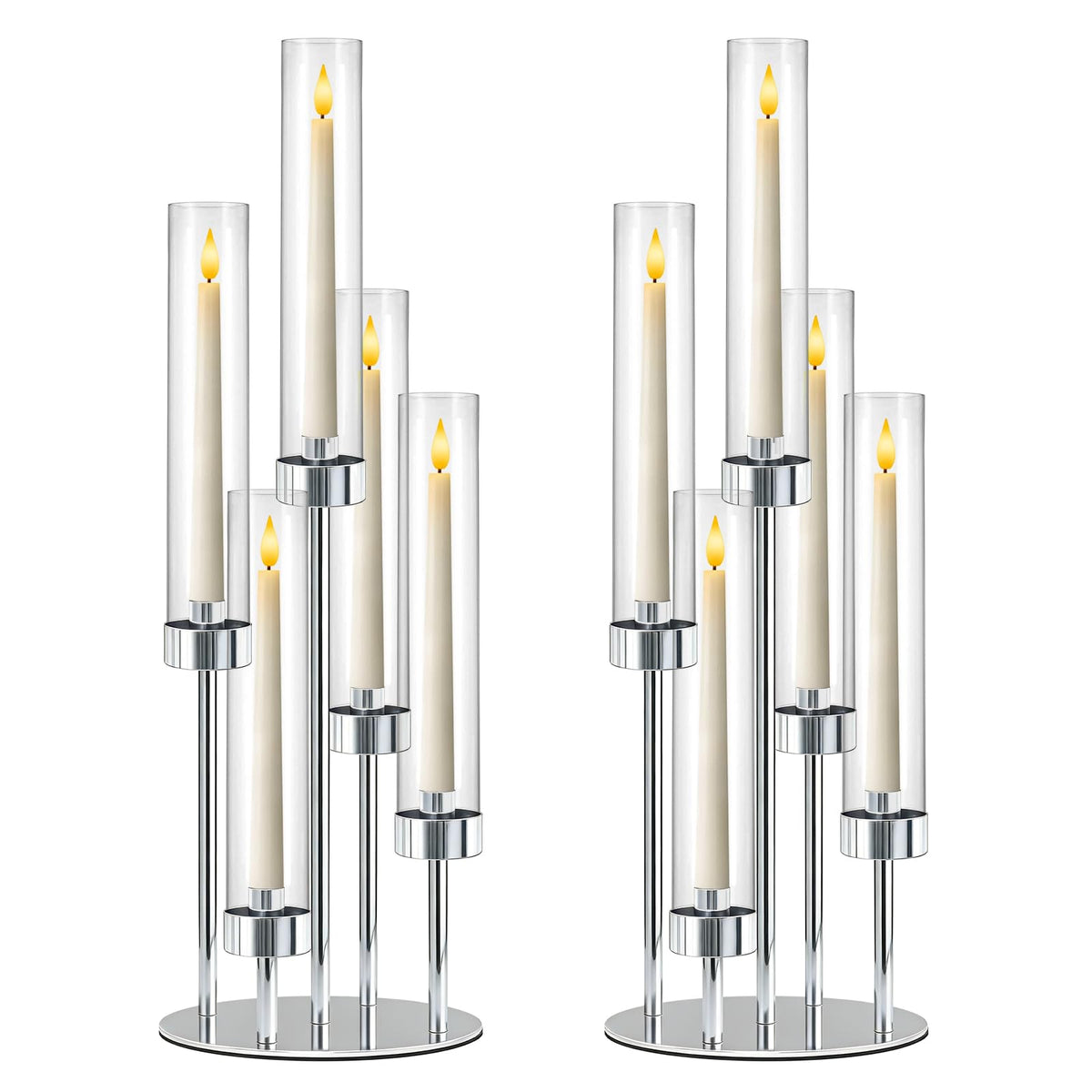 KEHAIL 2 Pcs 5-Arm Silver Metal Table Candelabra Centerpiece, 22" Tall Clear Candlesticks Holder with Shade for Valentines Day Events Party Table Centerpiece,Fit LED Candles