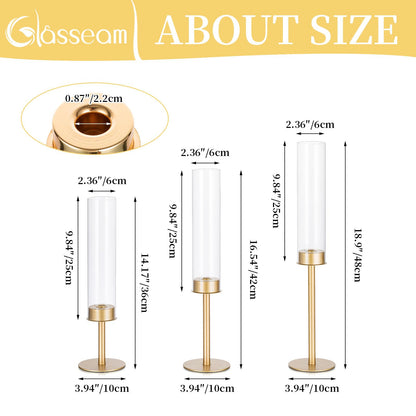 Glasseam Hurricane Gold Candle Holders: Set of 3 Brass Candlestick Holders for Taper Candles Modern Taper Candle Holder with Glass Clear Cylinder Glass Shade for Table Centerpiece Christmas Decor