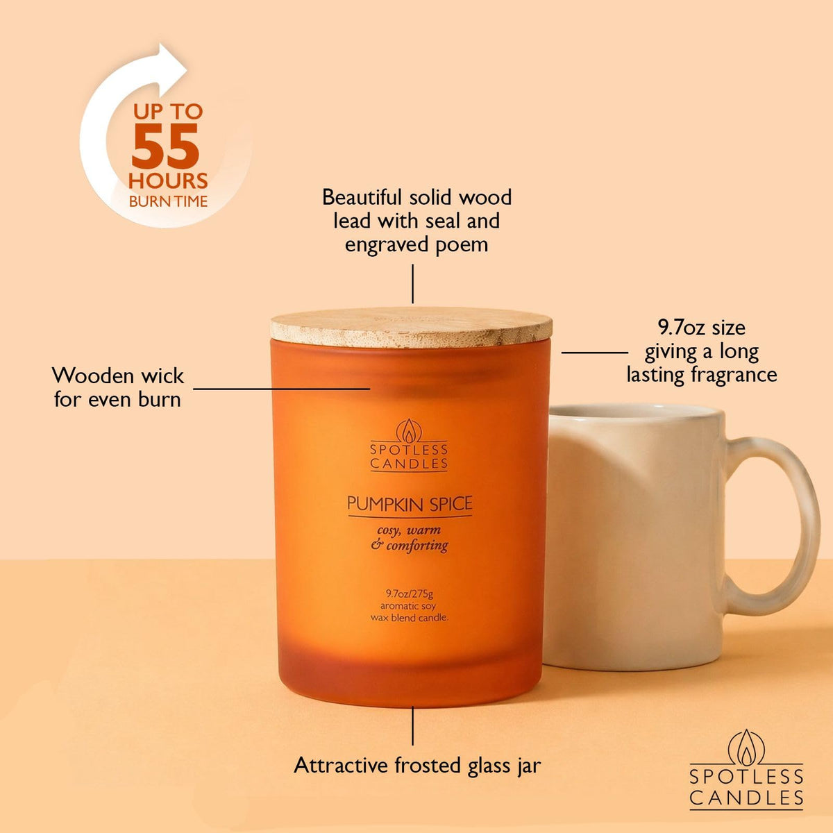 Pumpkin Spice Candle; 9.7 oz:, 55 Hrs Burn Time, Soy Wax Orange Frosted Jar with Crackling Wooden Wick & Luxury Gift Box: Pumpkin Spice Scented Candle by Spotless Candles