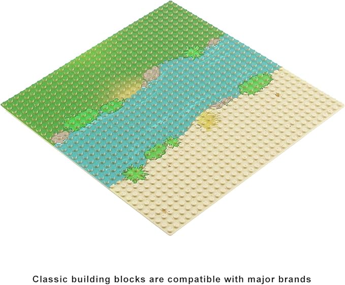 Feleph Classic Baseplate with River and Grassland Pattern 10 x 10 Inches Base Plates for Building Blocks Mat Compatible with Major Brands (Straight 4 Pieces)