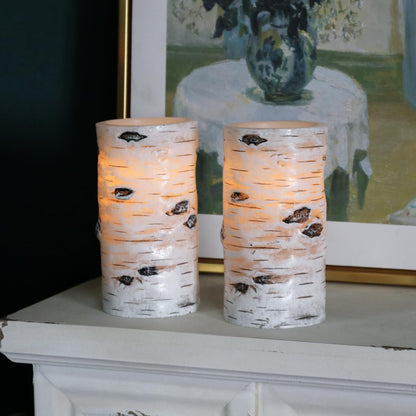 LusLog-pro Flameless Candles Birch Bark Effect 3" x 6" Real Wax LED Pillar Candles, Battery Operated Flickering Candles with 5H Timer, Pack of 2