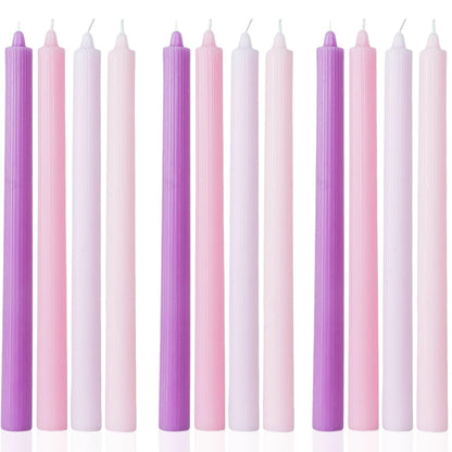 Ribbed Purple Taper Candles Set of 12 Unscented Dripless Smokeless Long Tall Tapered Candlesticks Wedding Advent Home Decor Dinner Christmas-Natural Color Series-10.6 Inch