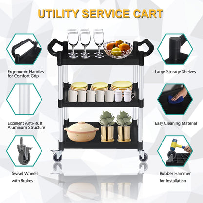 PELOEMNS Plastic Utility Carts with Wheels, Heavy Duty 510lbs Capacity Rolling Service Cart, 3-Tier Restaurant Food Cart with Hammer for Office, Warehouse, Garage (Lockable Wheels, Black)