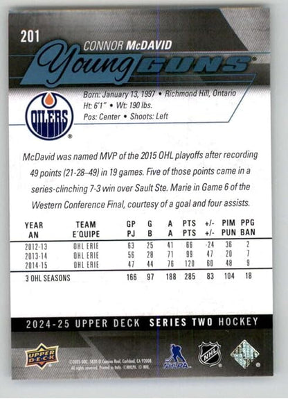 2024-25 Upper Deck Series Two Young Guns Renewed #201 Connor McDavid Edmonton Oilers Official Hockey Card in Raw (NM or Better) Condition