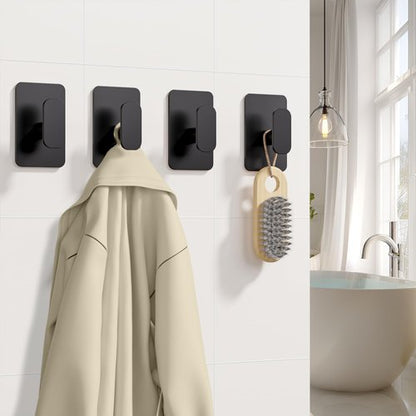 Eowihor Heavy Duty Self Adhesive Hooks - 26lb Max, Sticky Wall Hooks Stainless Steel for Hanging Towel, Coat, Robe, Waterproof & Rustproof Hooks Stick on Bathroom, Shower, Kitchen (Black, 4 Pack)