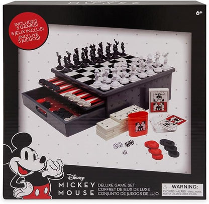 Disney Store Dolls &amp Games Mickey Mouse Deluxe Game Set - Includes Disney Chess Set Checkers Pieces Backgammon Board Playing Cards Poker Chips Dice &amp Shaker Cup in Self-Contained Wooden B
