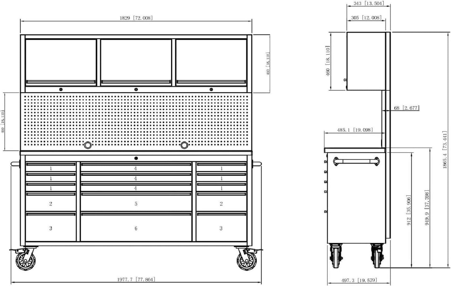 CT Copper Tailor 72-inch Tool Chest Cabinet Rolling Garage Workbench with 15 Storage Drawers and Wheels, 3 Upper Cabinet, Pegboard, Steel Large Tool Box,Matte Black