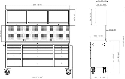 CT Copper Tailor 72-inch Tool Chest Cabinet Rolling Garage Workbench with 15 Storage Drawers and Wheels, 3 Upper Cabinet, Pegboard, Steel Large Tool Box,Matte Black