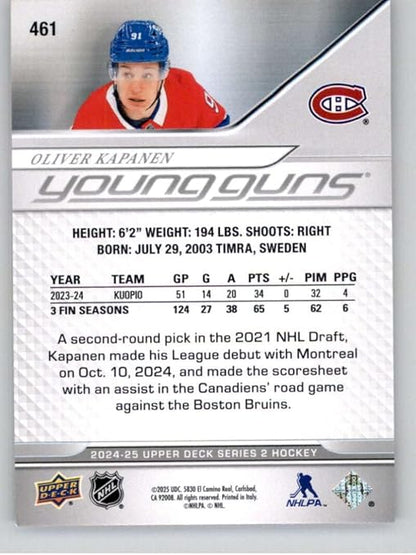 2024-25 Upper Deck Series Two #461 Oliver Kapanen YG Young Guns RC Rookie Card Montreal Canadiens Young Gun Official Hockey Card in Raw (NM or Better) Condition