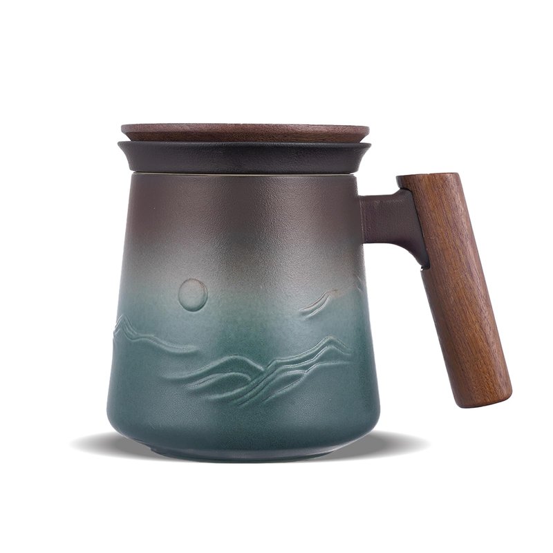 ZENS Embossed Ceramic Tea Mug with Infuser and Lid, 14.5 oz Wooden Handle, Loose Leaf Tea Steeper Cup & Strainer for Tea Lovers Gifts