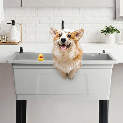 Bonnlo 37-Gallon Freestanding Utility Sink with Faucet, 36" Heightened Basin for Laundry, Garage, Outdoor Garden, Pet Wash, Heavy Duty Plastic Laundry Tub with Storage Shelf, 40"L×24"W×36"H (Gray)