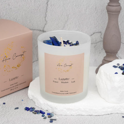 Ava Concept Lazurite Crystal Candle – 10oz / 280g | Amber Ocean Aromatherapy | Hand-Poured Soy Wax | Genuine Lapis Lazuli Healing Crystals Embedded | Power, Wisdom & Luck | Gift Box Included