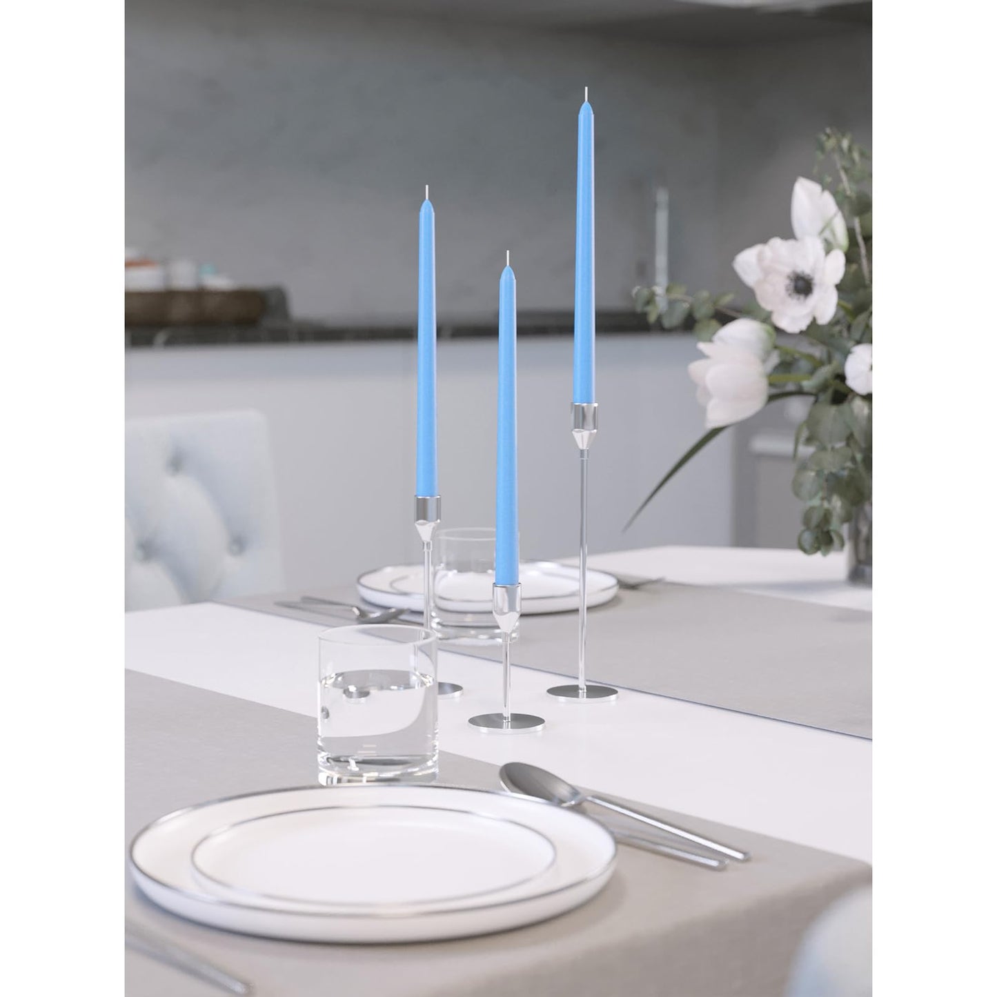 CANDWAX Light Blue 10 inch Taper Candles Set of 12 - Unscented Smokeless Dripless Tall Candlesticks - Perfect for Special Occasions, Ordinary Dinners and as Easter Candles - Light Blue Candle Sticks