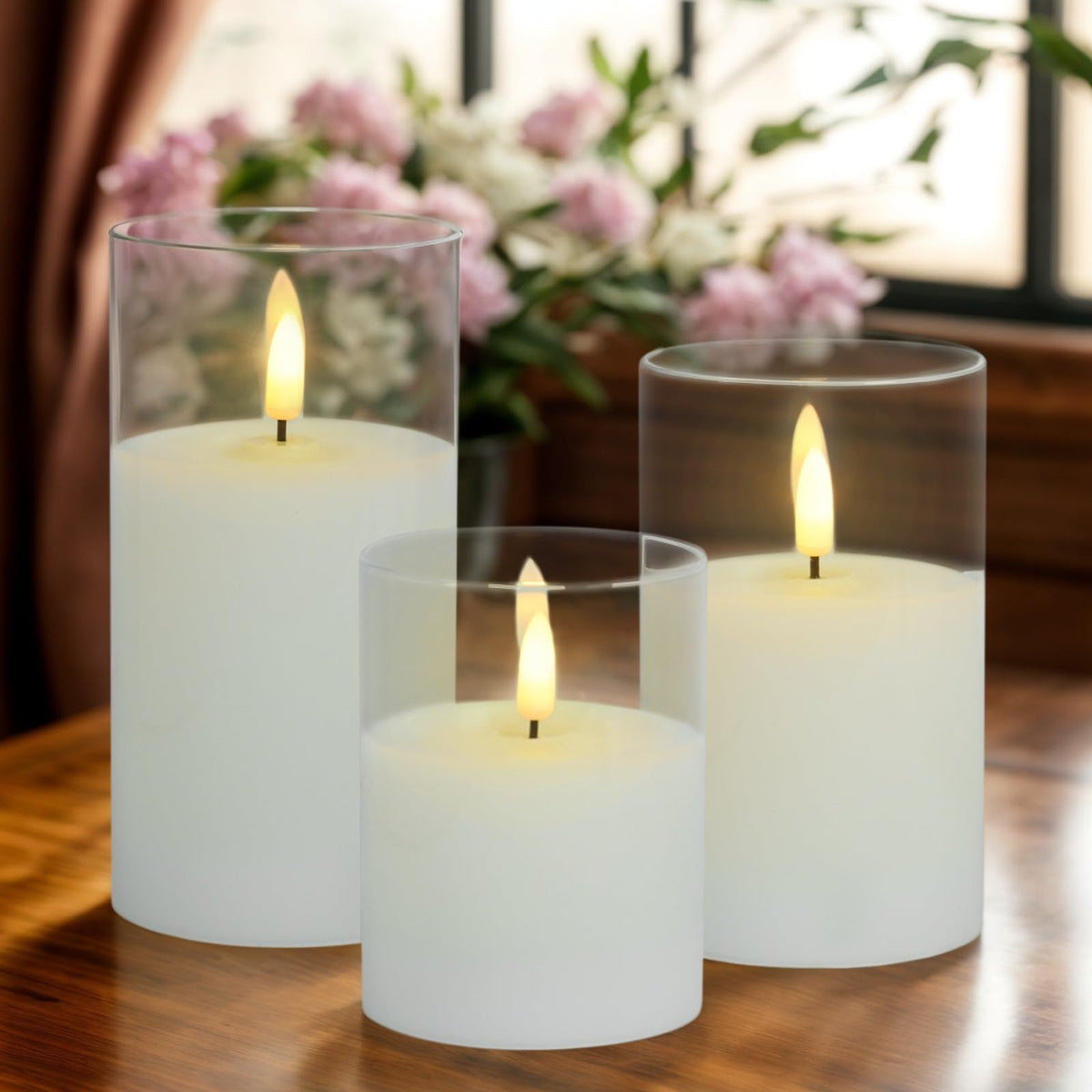 Homwamee Flameless Candle in Glass, Flashing LED Pillar Real Wax Fake Candle with Remote Control and Timer, Battery Operated Electronic Candles for Wedding Home Decorations - 3Pack