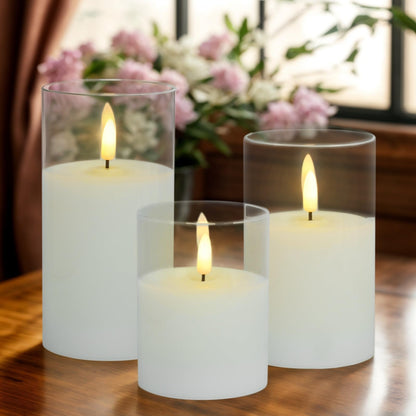 Homwamee Flameless Candle in Glass, Flashing LED Pillar Real Wax Fake Candle with Remote Control and Timer, Battery Operated Electronic Candles for Wedding Home Decorations - 3Pack