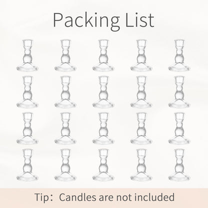 Inweder Glass Taper Candle Holders - Cute Candlestick Holders, 20Pcs Clear Candle Stick Candle Holder, Modern Tapered Candlestick Holders for Standard Candles for Wedding Christmas Home Decor