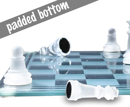 Gamie Premium Glass Chess Set 10 Inch - Elegant Design - Durable Build - 32 Frosted and Clear Pieces - Felted Bottoms - Easy to Carry - Stable &amp Fully Functional for Chess Lovers