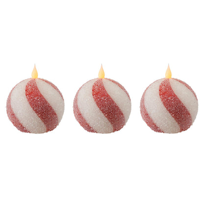 Set of 3 Christmas Sphere Candy Cane Flameless Candles, Glitter Red White Real Wax Flickering Ball Candles Battery Operated with Remote, Candy Cane Christmas Decorations, Xmas Party Centerpieces Decor