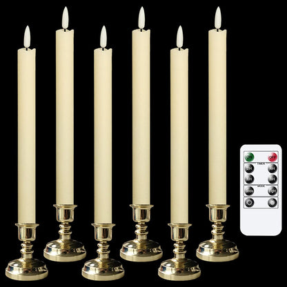 Wondise Flickering Taper Candles with Timer and Remote, 9 Inch Battery Operated 3D Wick Real Wax Ivory Candles for Wedding Party Christmas Decoration, Set of 6(D0.8 x H9.6 Inch)