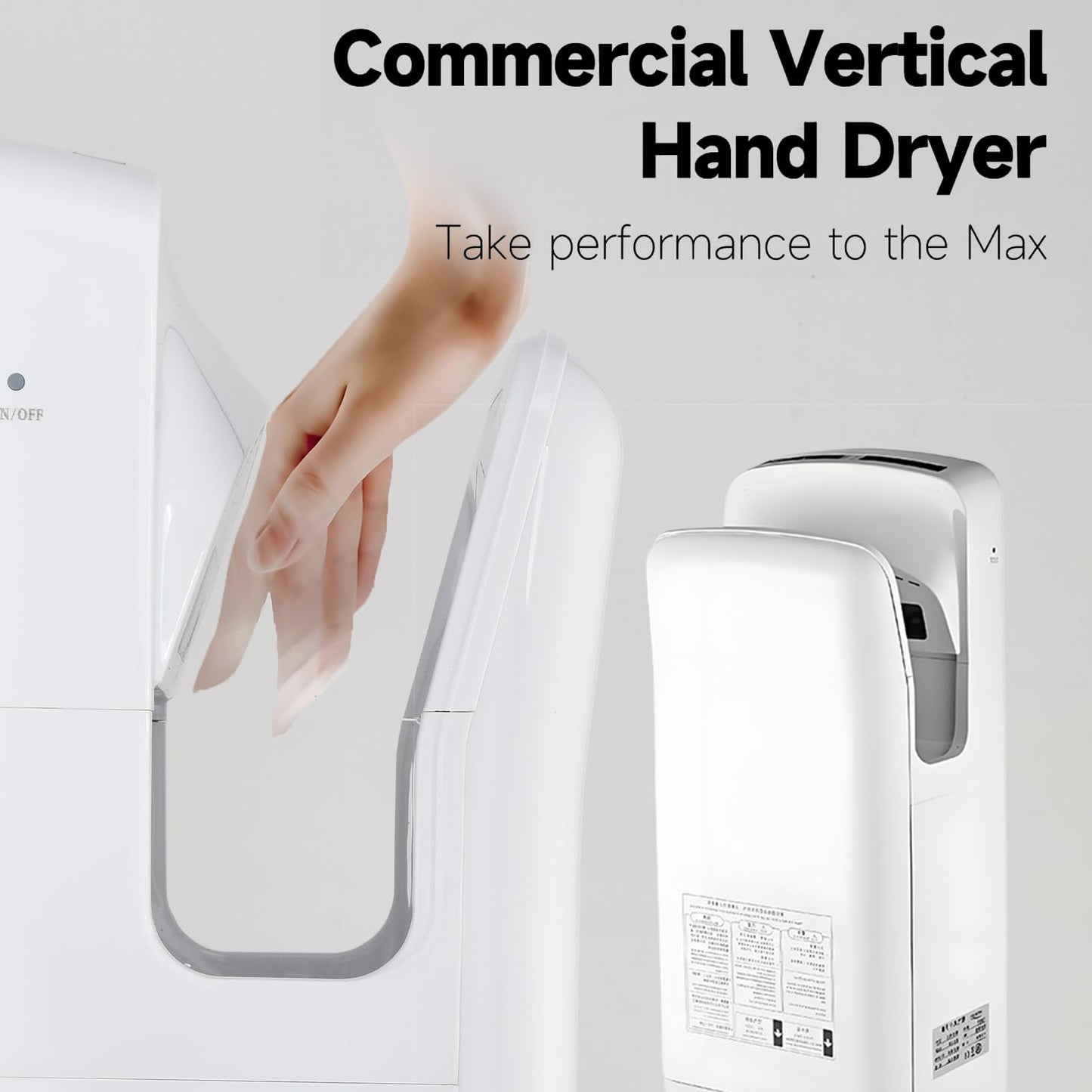 BODQEMR Vertical Premium Commercial Hand Dryer for Bathrooms - High Speed 1850W Jet Air Dryer with Adjustable Air Velocity & HEPA Filter - Electric Hand Dryer for Commercial Use (White)