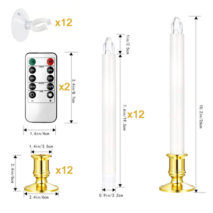 YAUNGEL Christmas Window Candles, 12 Pack Battery Operated Flameless Taper Candles for Windows with Timer Remote, Electric Candle Lights with Candle Holders Suction Cups for Christmas