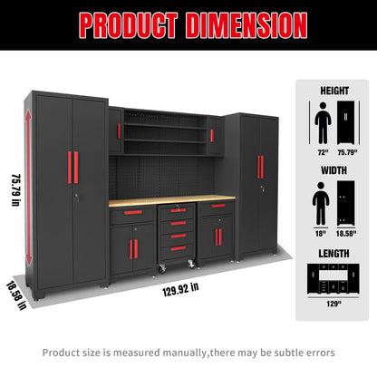 Torin Garage Storage Cabinets System, 8-Pcs Workshop Cabinet Set in Black, Included Steel Cabinets Drawers Rolling Chest and Pegboard,Locked Garage Storage Cabinet