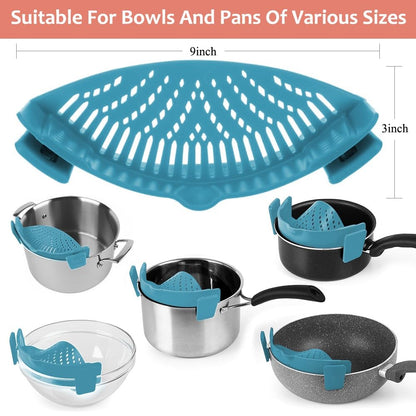 YEVIOR Clip on Strainer for All Pots Pan,Silicone Pasta Strainer Kitchen Gadgets,Collapsible Colander for Noodle,Vegetables,Fruit,Spaghetti (Grey)