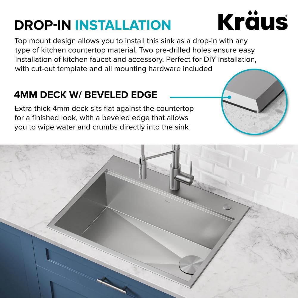 KRAUS Kore 30-Inch Drop In/Top Mount Workstation 16 Gauge 50/50 Double Bowl Stainless Steel Kitchen Sink with Accessories, KWT302-30