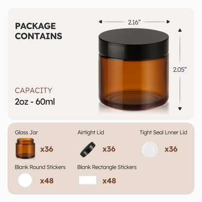 4 oz Glass Jars with Metal Lids, 24 Pack Amber Small Glass Jars with Black Lids Leakproof Round Airtight Empty Cosmetic Travel Containers with Inner Liners For Lotions Powders and Candle Making