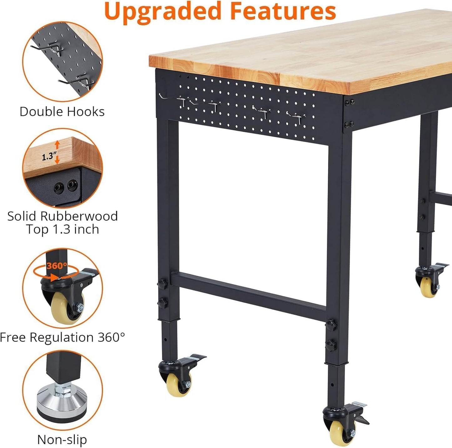 60" Adjustable Workbench with Wheels, Heavy Duty Mobile Work Table, 2000LB Capacity, Hardwood Top, Power Outlets, Rolling Garage Workbench for Workshop, Craft, Office