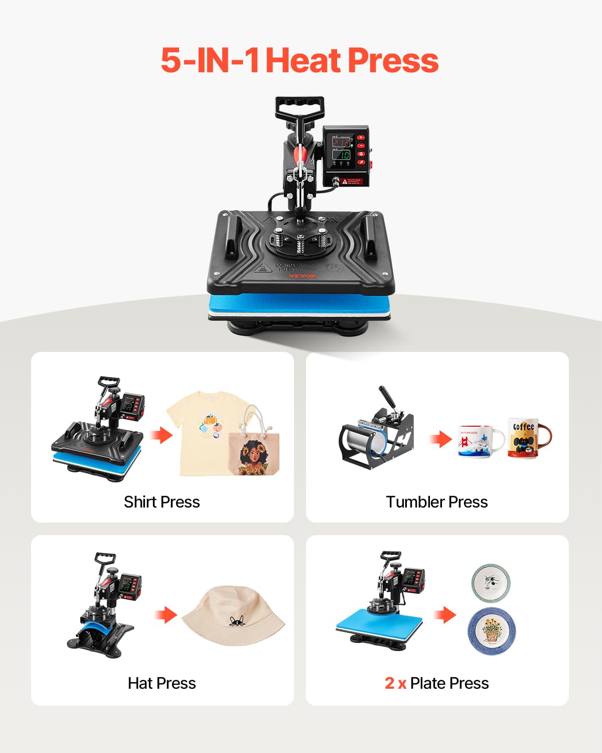 VEVOR 5 in 1 Heat Press Machine 12x15 Inch, 360° Swing Away Shirt Press Machine - Digital Professional Heat Transfer Tshirt Press Machine, Sublimation Heat Press for T Shirts Hat Cap Mug Plate