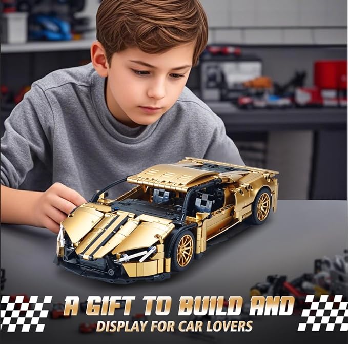 Sports Car Building Set for Adults - 1:14 MOC Toy Car Building Block Racing Car Model Kit Gifts for BoyfriendsBoys and Teens Age 8-14 (Gold)