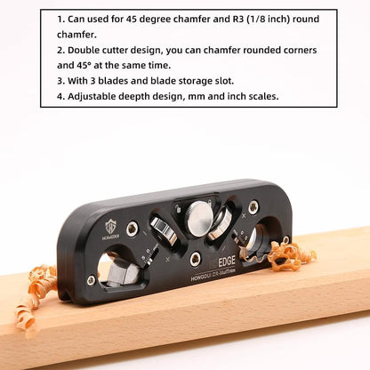 HONGDUI DJ11S 2-in-1 Chamfer & Radius Plane,1/32"(5mm) Depth Adjustable, Aluminum Alloy Edge&Radius Chamfering Plane, 3 Blades with 12 Cutting Edges for Use Woodworking Tool-1 Pcs