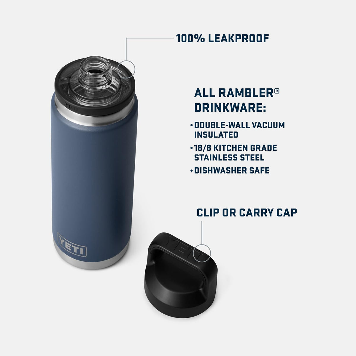 YETI Rambler 26 oz Bottle, Leakproof, Vacuum Insulated, Stainless Steel with Chug Cap, Offshore Blue
