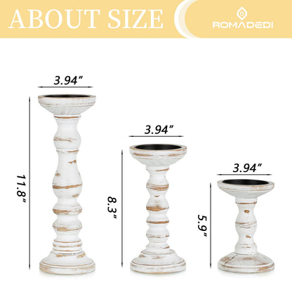 Romadedi Wood Candle Holders for Pillar Candles - Set of 3 Tall Farmhouse Wooden Candlestick Holder, Rustic Candle Stand for Fireplace Mantle Shelf Table Home Decor, Brown Whitewashed 6"/ 8.3"/11.8"