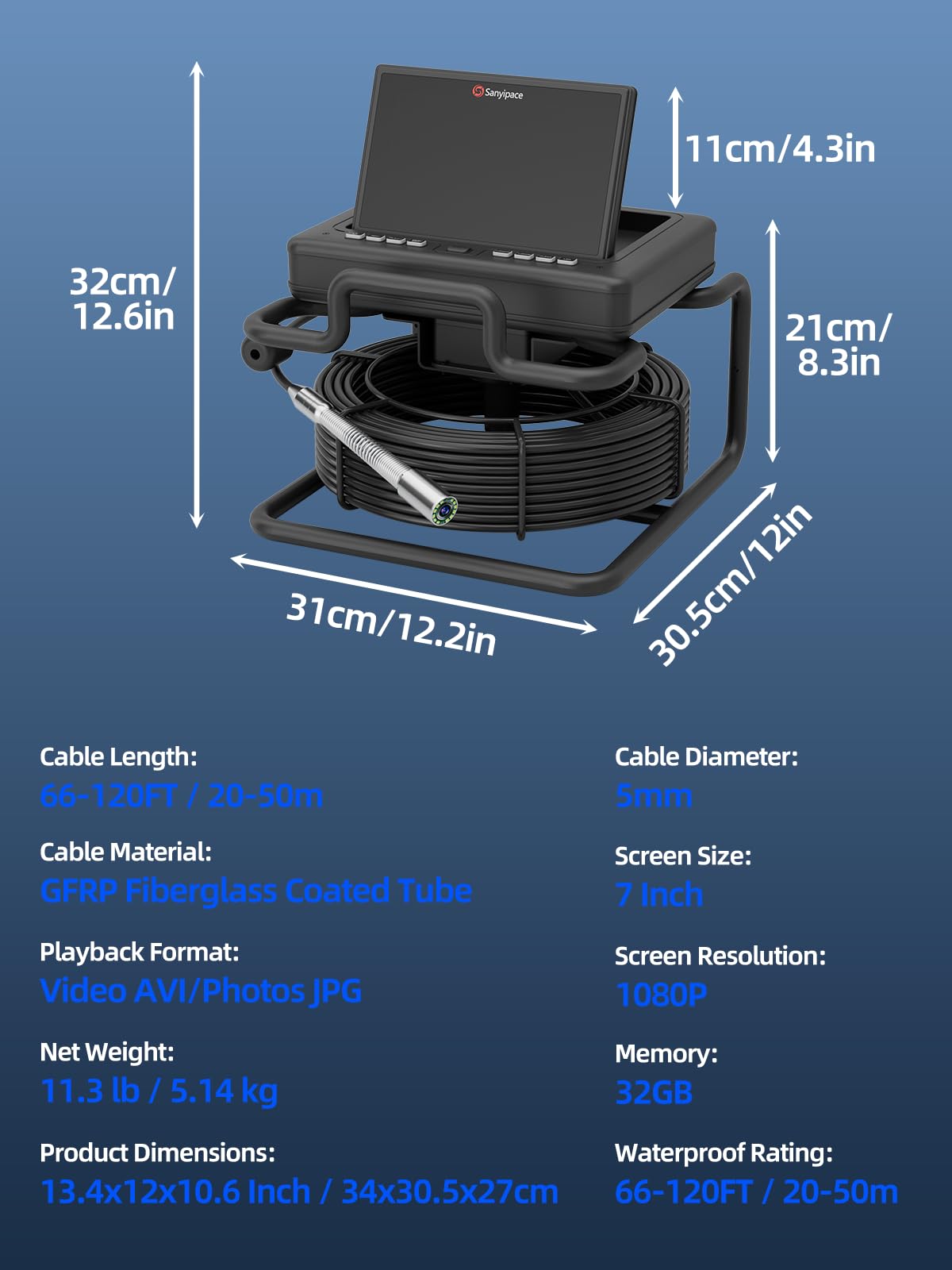 Sanyipace Drain Camera 100FT/30M, 7'' IPS 1080P Pop-Up Screen Sewer Inspection Camera with Distance Counter,20X Digital Zoom,Waterproof Inspection Camera with12 LEDs, for Sewer Line Pipe Inspection