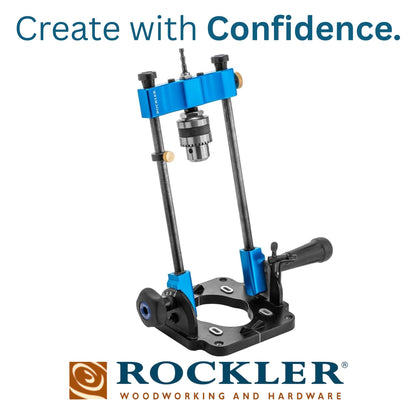 Rockler Drill Guide | Portable Drill Press Adapter for Hand Drill - 0 to 60 Angle w/Protractor & Chuck Key for straight holes - Rockler Woodworking