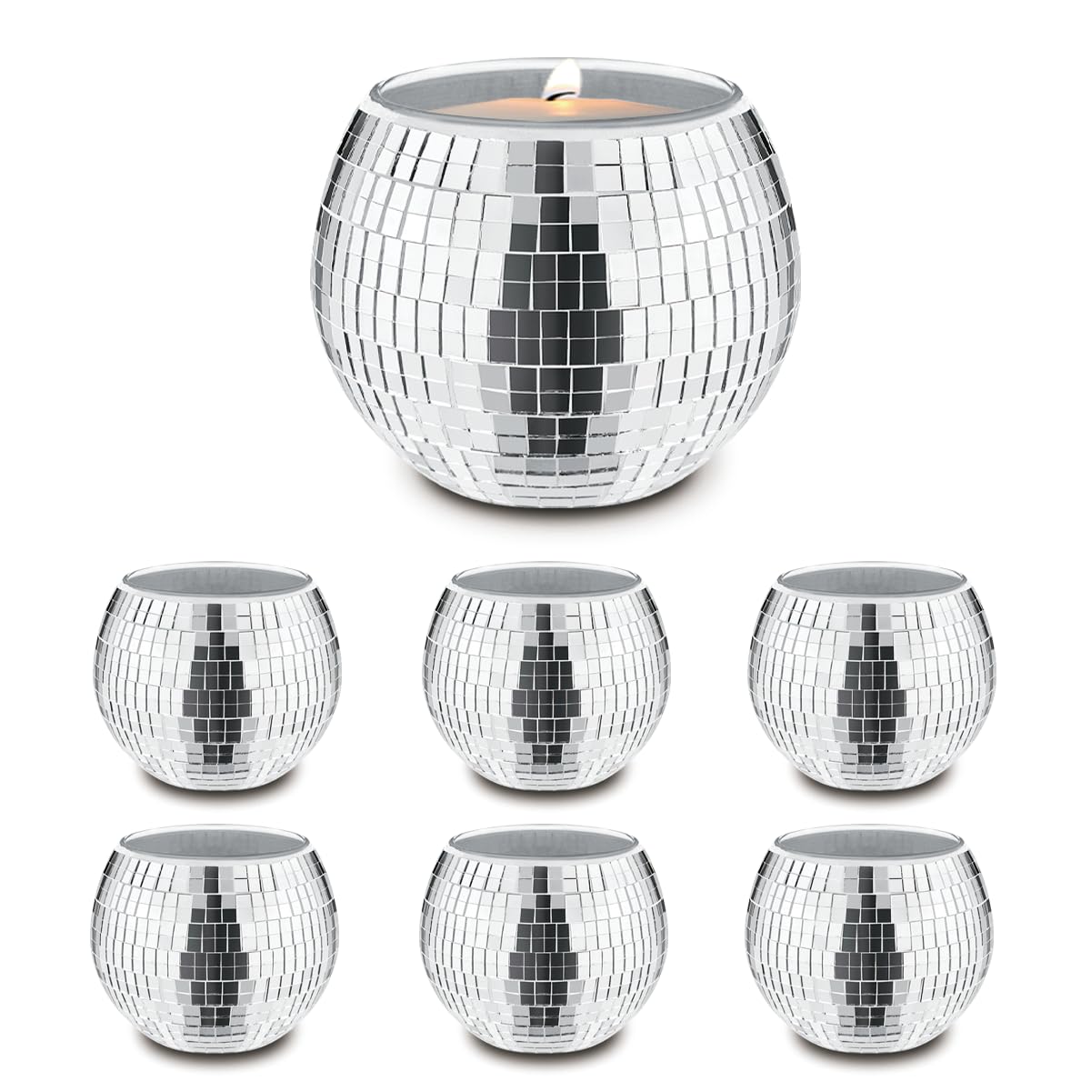 Quaocens 6 PCS Disco Ball Silver Votive Candle Holders,Glass Mirror Candle Holder Disco Ball Candle Holder Discos Balls Candle Vase Can Be Used for Wedding,Dining Table,Party Discos Decoration
