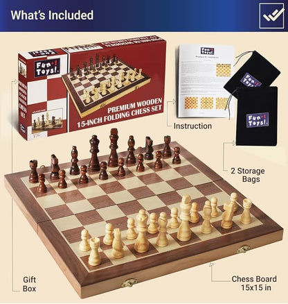 Wooden Chess Set for Adults and Kids 15 Portable Chess Board Set with Chess Pieces &amp Drawstring Bag