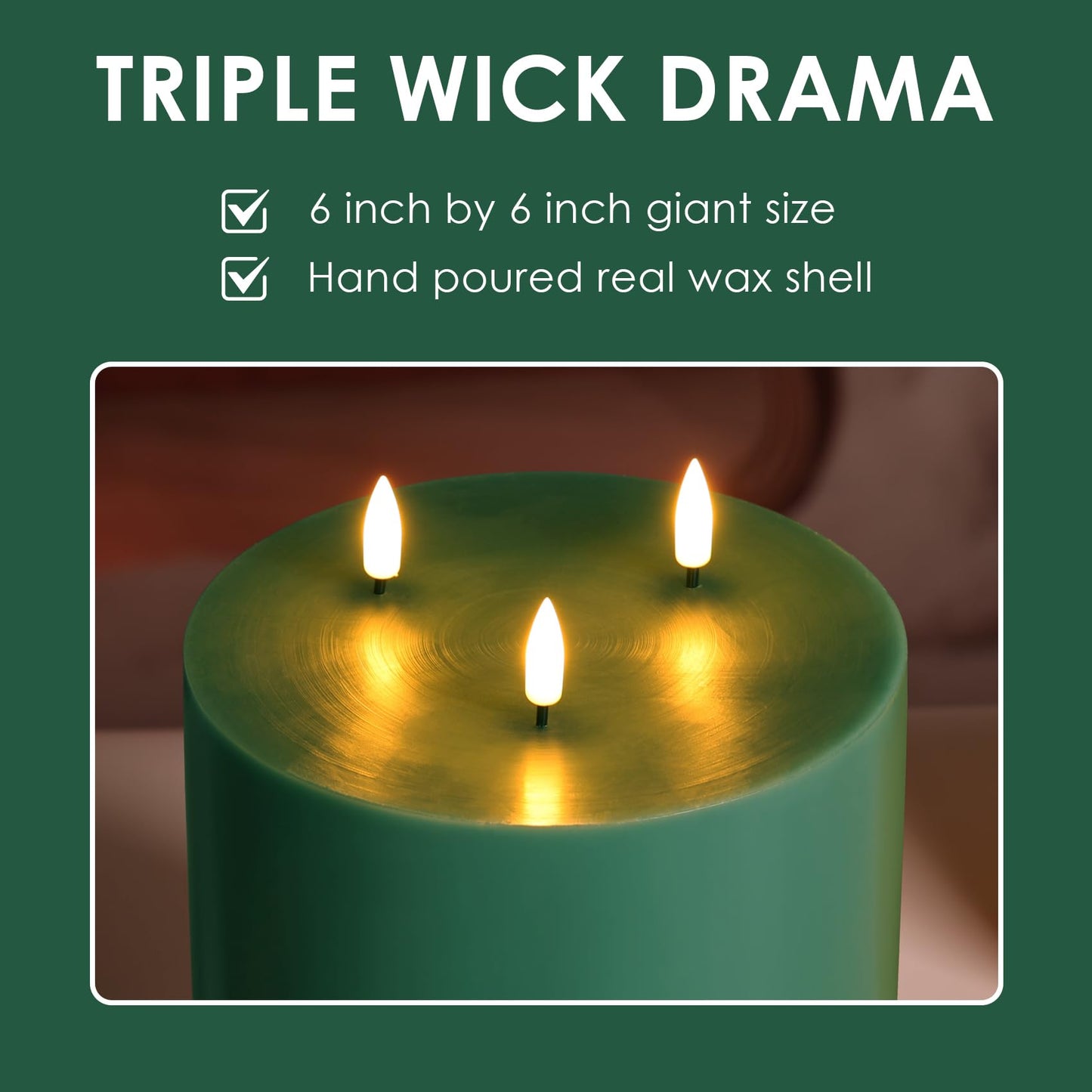 Girimax Green 3 Wick Flameless Candle with Remote, 6x6 inch Large LED Pillar Candle Battery Operated Real Wax Flickering Home Shelf Table Decor