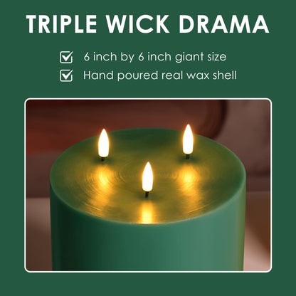 Girimax Green 3 Wick Flameless Candle with Remote, 6x6 inch Large LED Pillar Candle Battery Operated Real Wax Flickering Home Shelf Table Decor